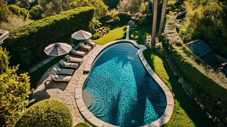 bruce springsteen house in beverly hills oval shaped blue colored water pool