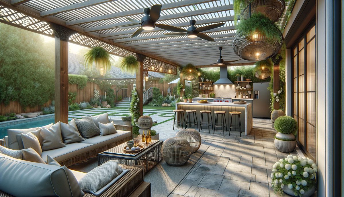 integrating pergola shades with outdoor kitchen and living spaces