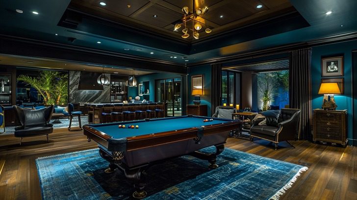 miley cyruss house in malibu a billiards pool table set in a room with rich dark hues