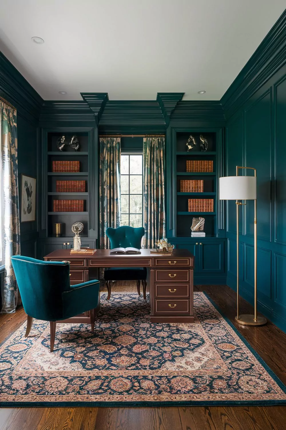 deep teal walls with cherry wood floors for a luxe home office