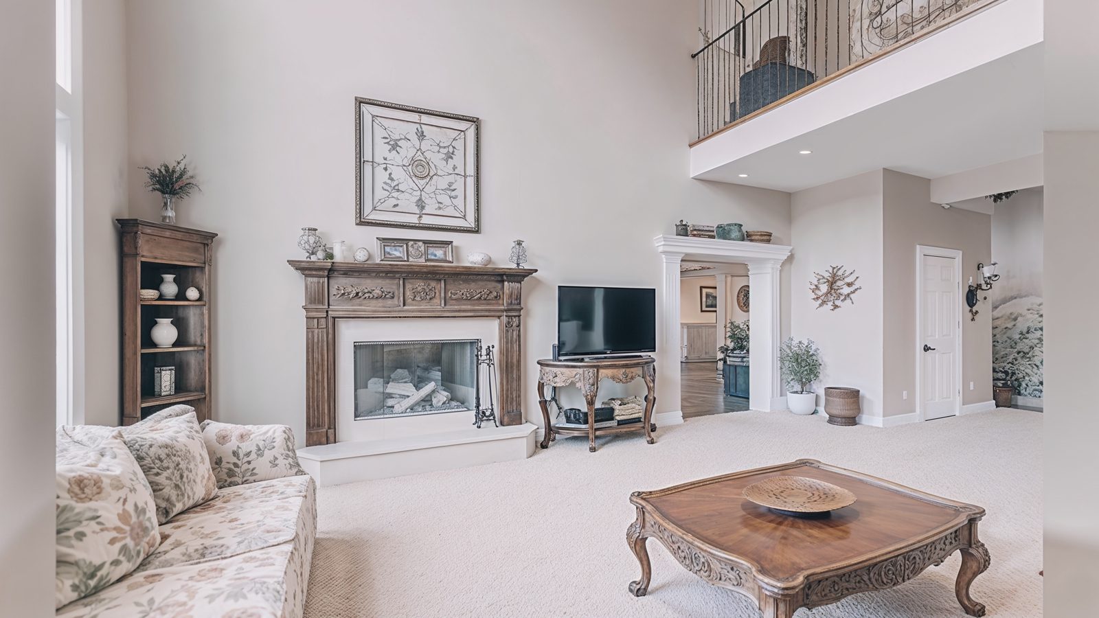 double height living room with elegant charm