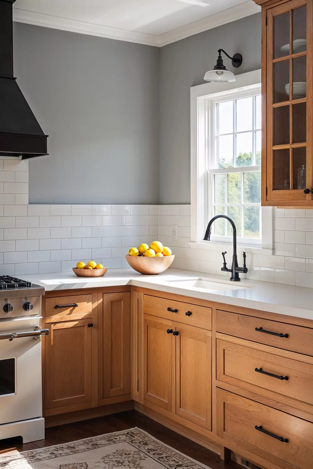 kitchen with repose gray walls and oak cabinets