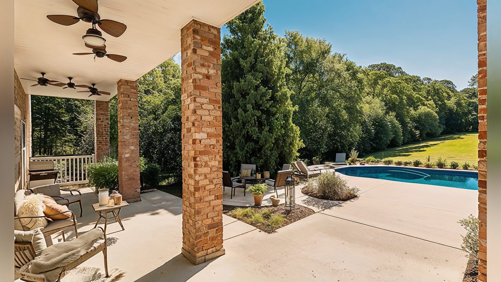 relaxing covered patio overlooking pool