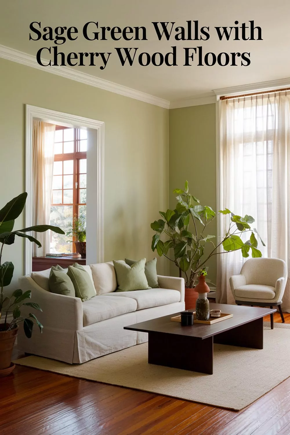 sage green walls with cherry wood floors in a relaxing living ro