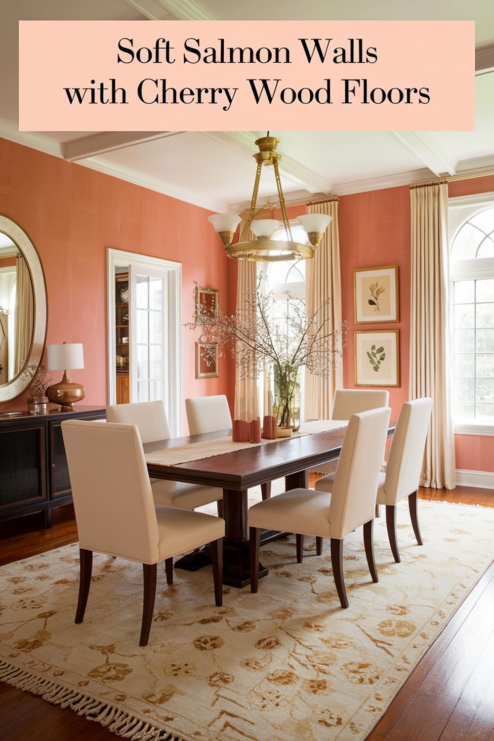 soft salmon walls with cherry wood floors in a classic dining ro
