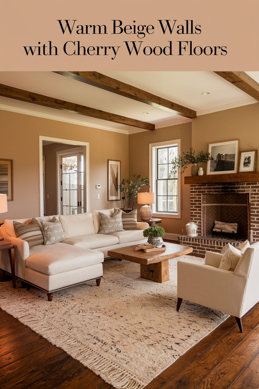warm beige walls with cherry wood floors for a cozy family room