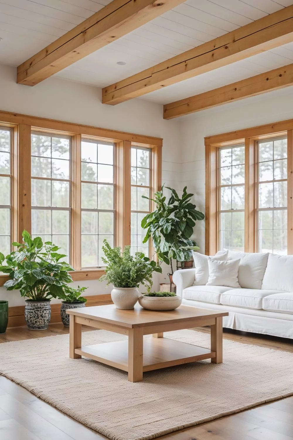 bright living room with white walls and warm pine wood trim, sty