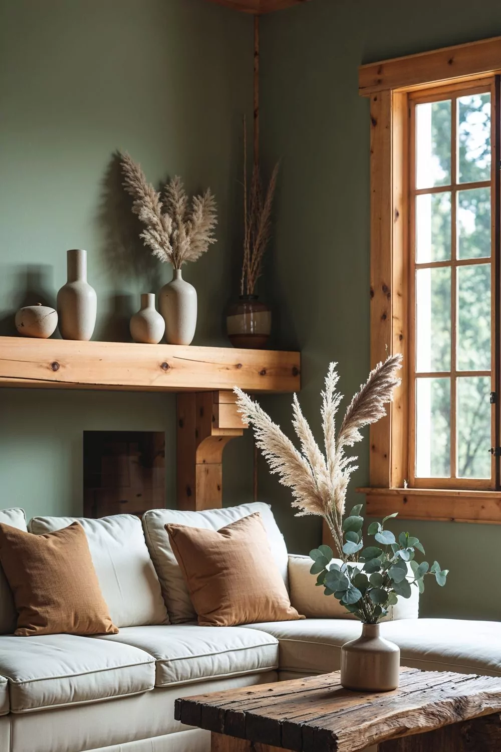 cozy living room with sage green walls, warm pine wood trim, and
