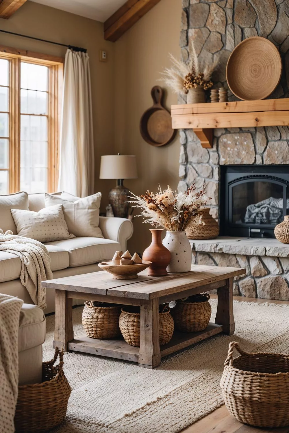 farmhouse style living room with warm beige walls, pine wood tri