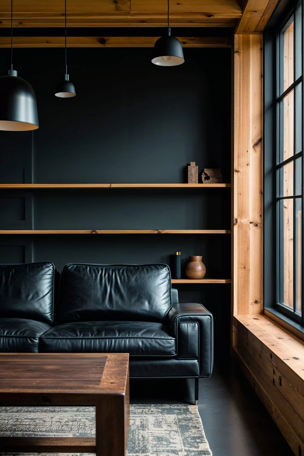 modern industrial living room with charcoal black walls, pine wo