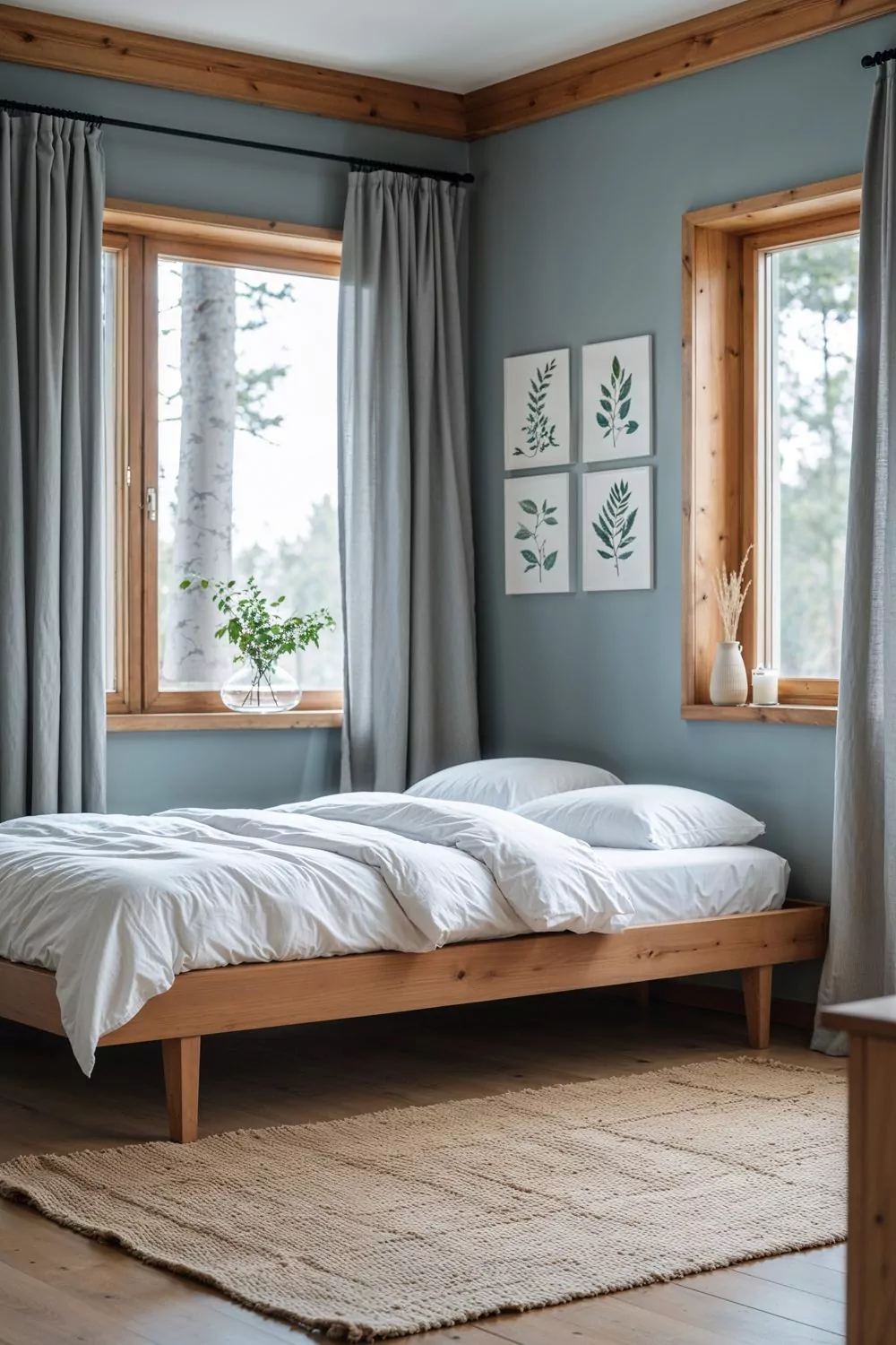 scandinavian style bedroom with soft blue grey walls, pine wood