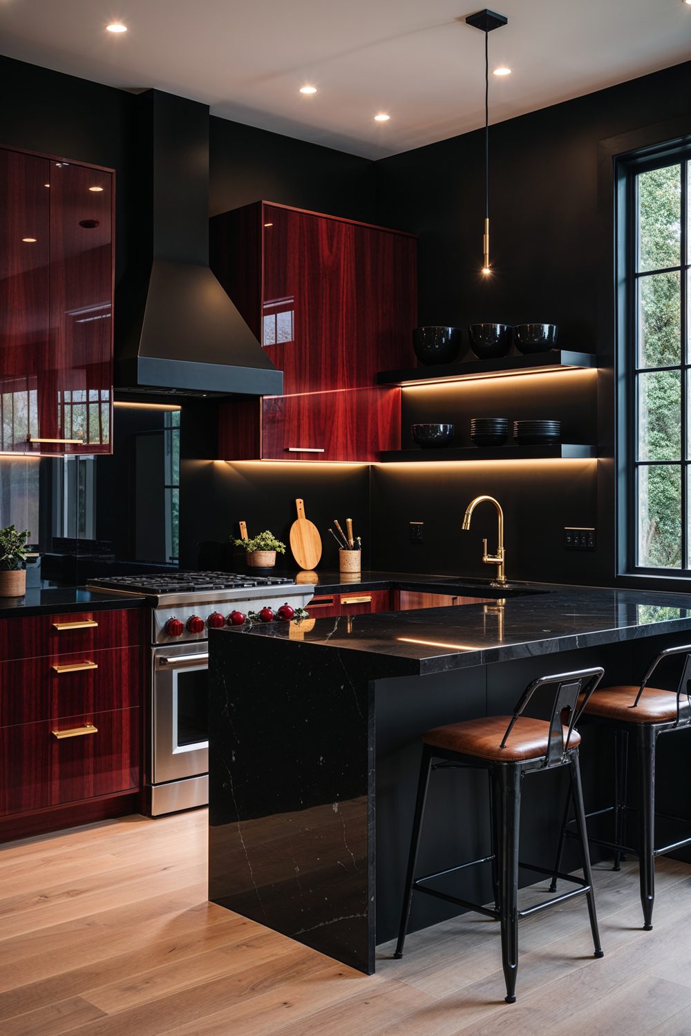 Bold Black Kitchen Walls For A Dramatic Look With Cherry Cabinet