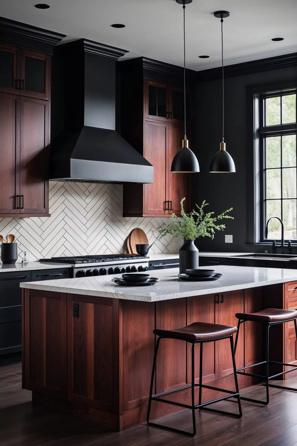 Dark Charcoal Walls For A Modern Kitchen With Cherry Cabinets