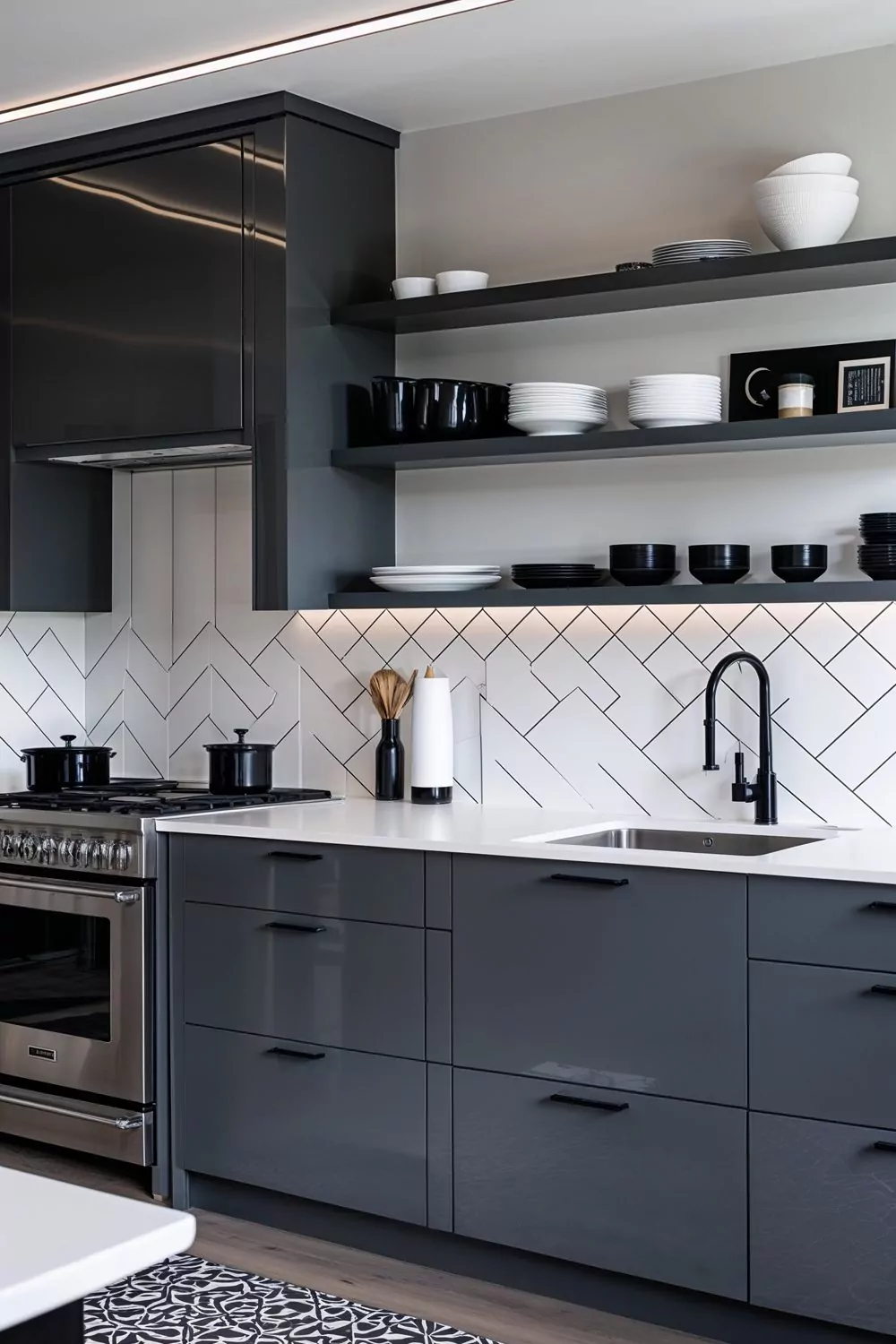 Modern Kitchen With Charcoal Gray Walls And Glossy White Cabinet