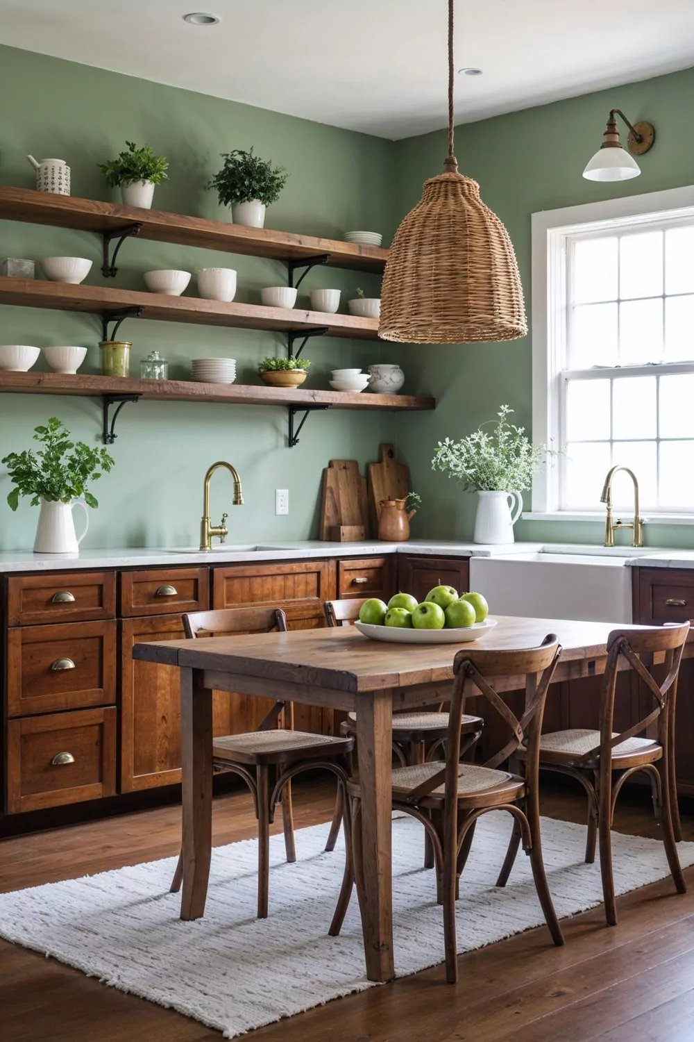 Sage Green Walls Bring Fresh Contrast To Cherry Wood Cabinets