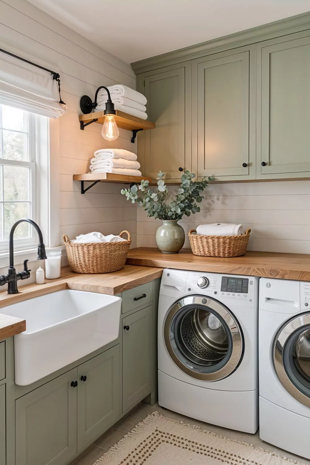 Soft Neutral Laundry Room With Warm Wood Accents