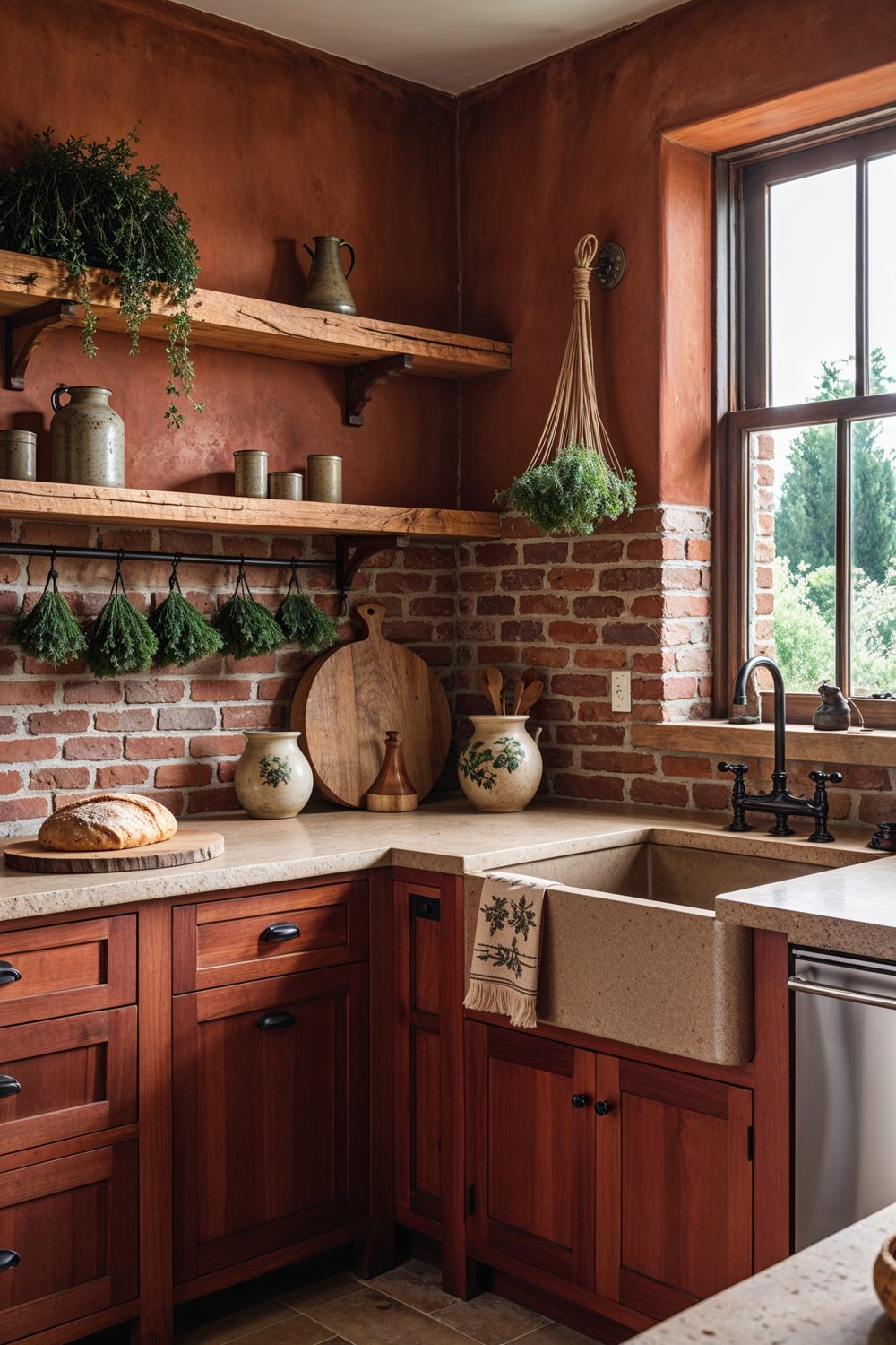 Warm Muted Terracotta Walls For A Cozy Kitchen With Cherry Cabin