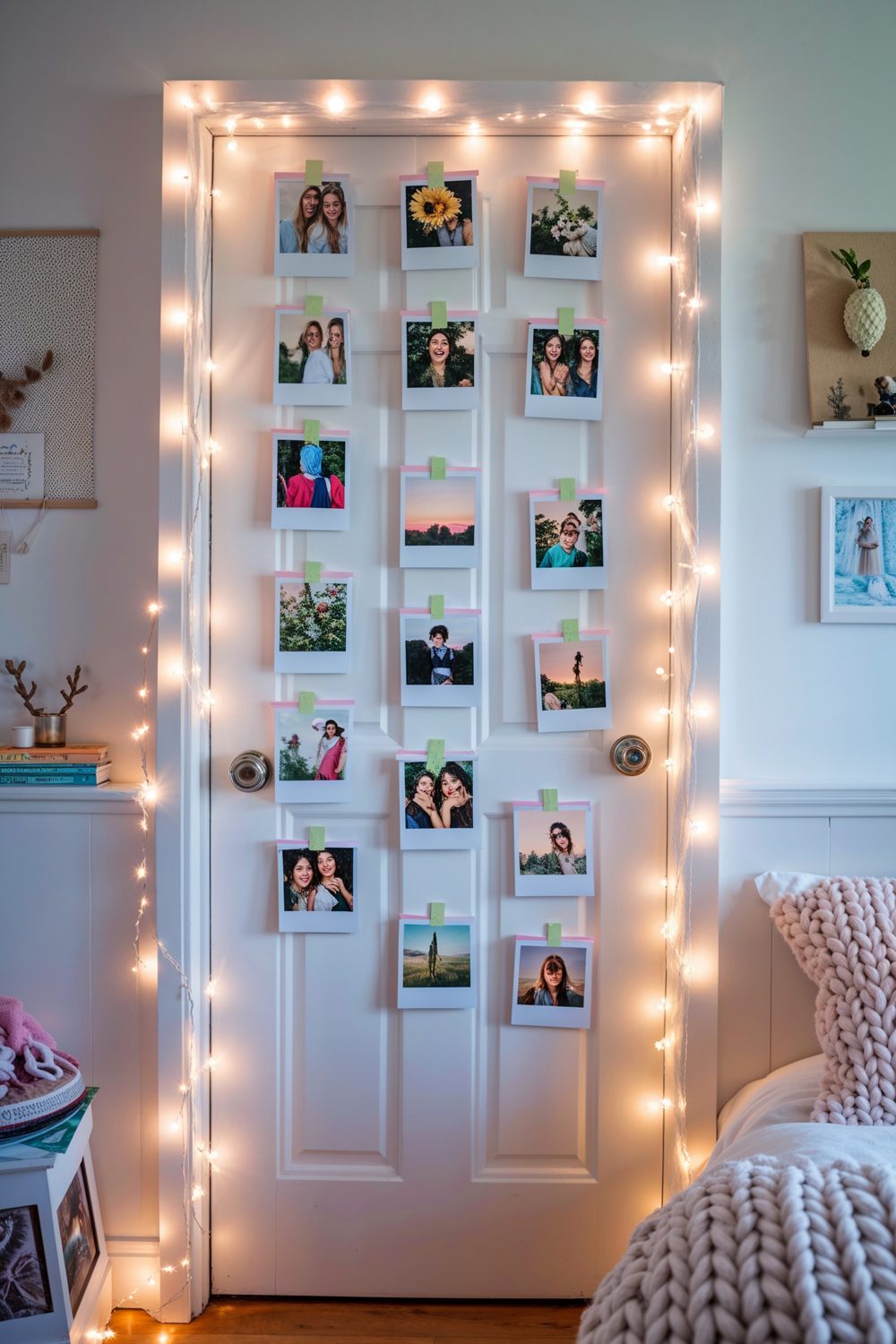 Bedroom Door Decorated With Polaroid Photo Grid And Fairy Lights