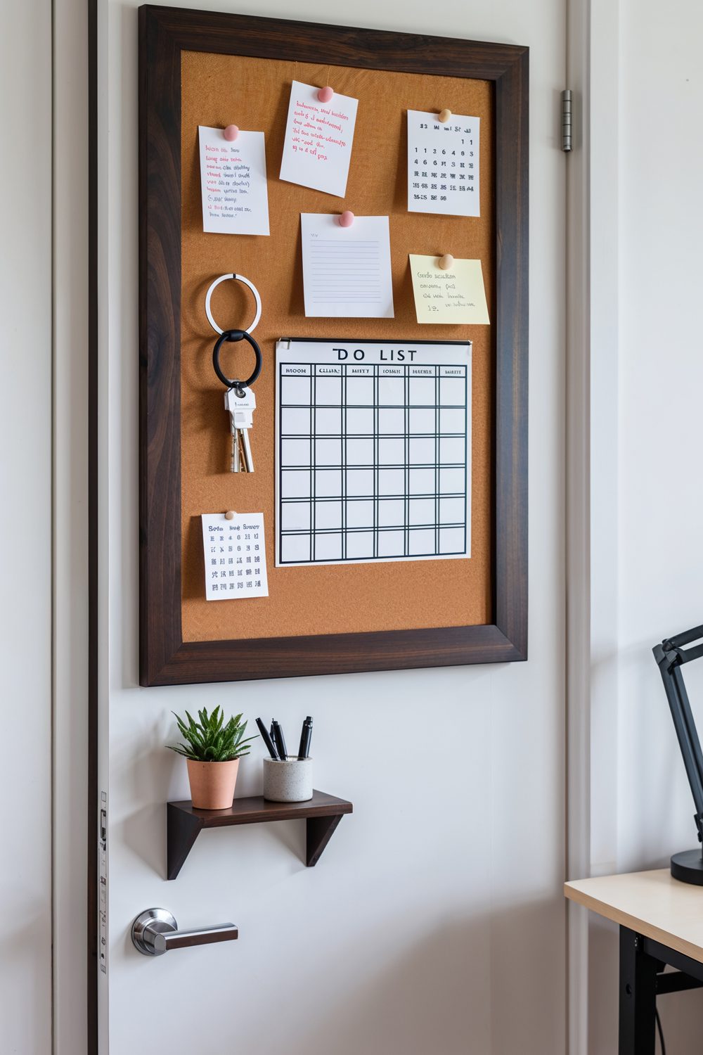 Corkboard Organizer On Bedroom Door With Notes And Keys