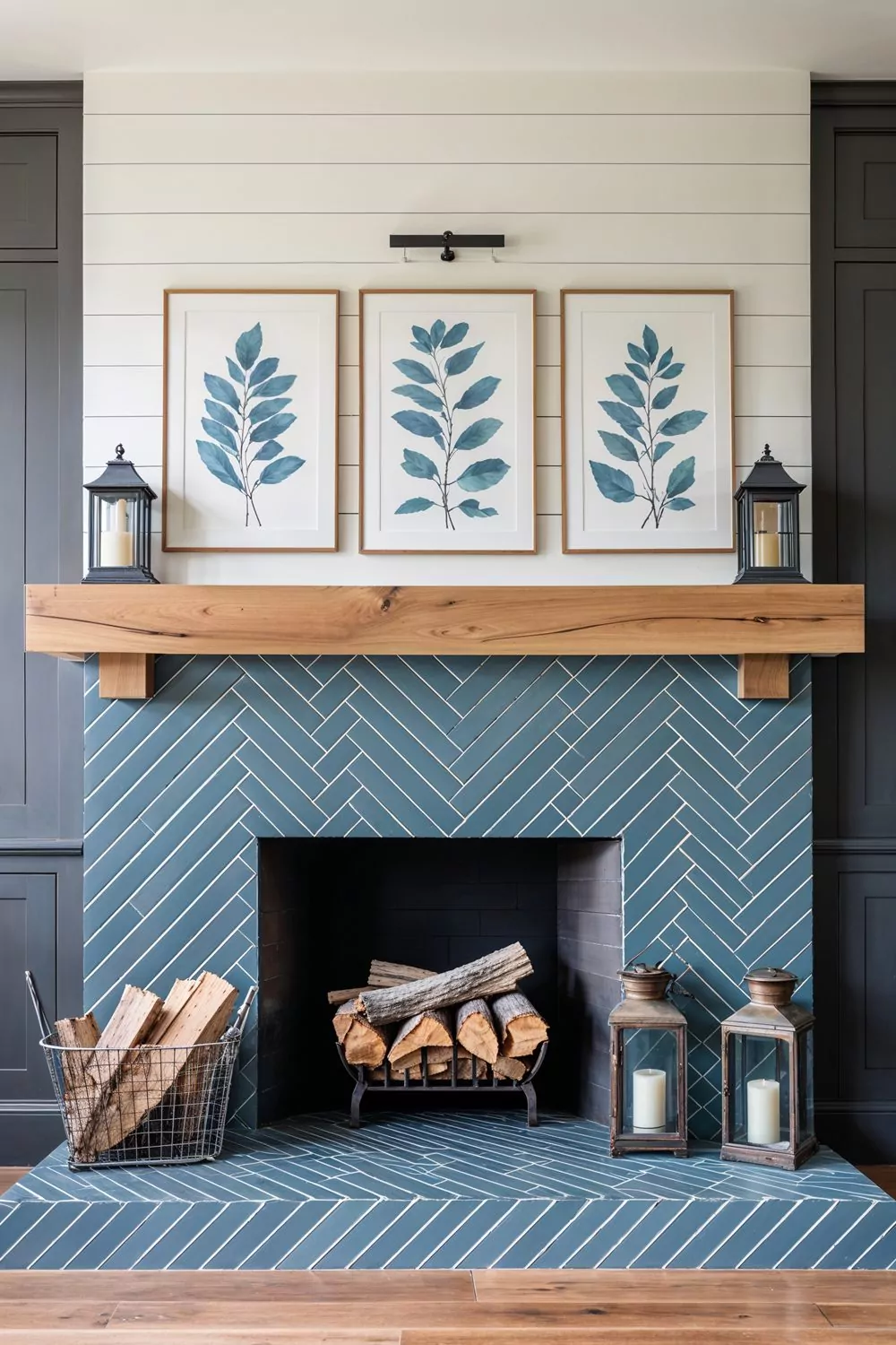 Farmhouse Fireplace With Full Herringbone Tile Surround In Slate