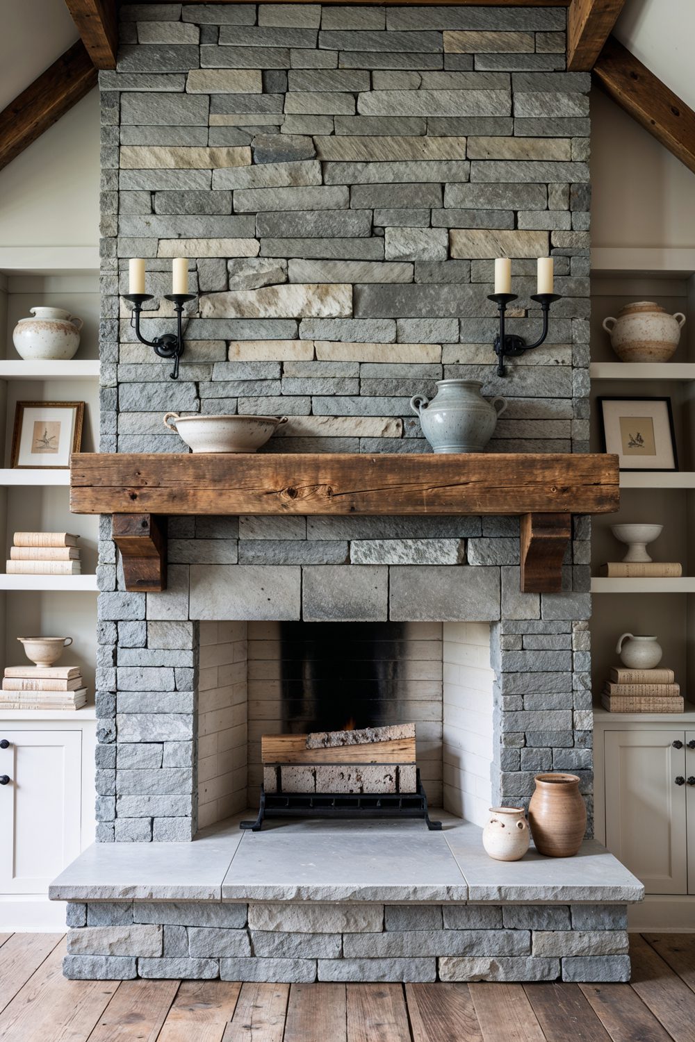 Farmhouse Fireplace With Rough Limestone Stone Tile And Rustic M