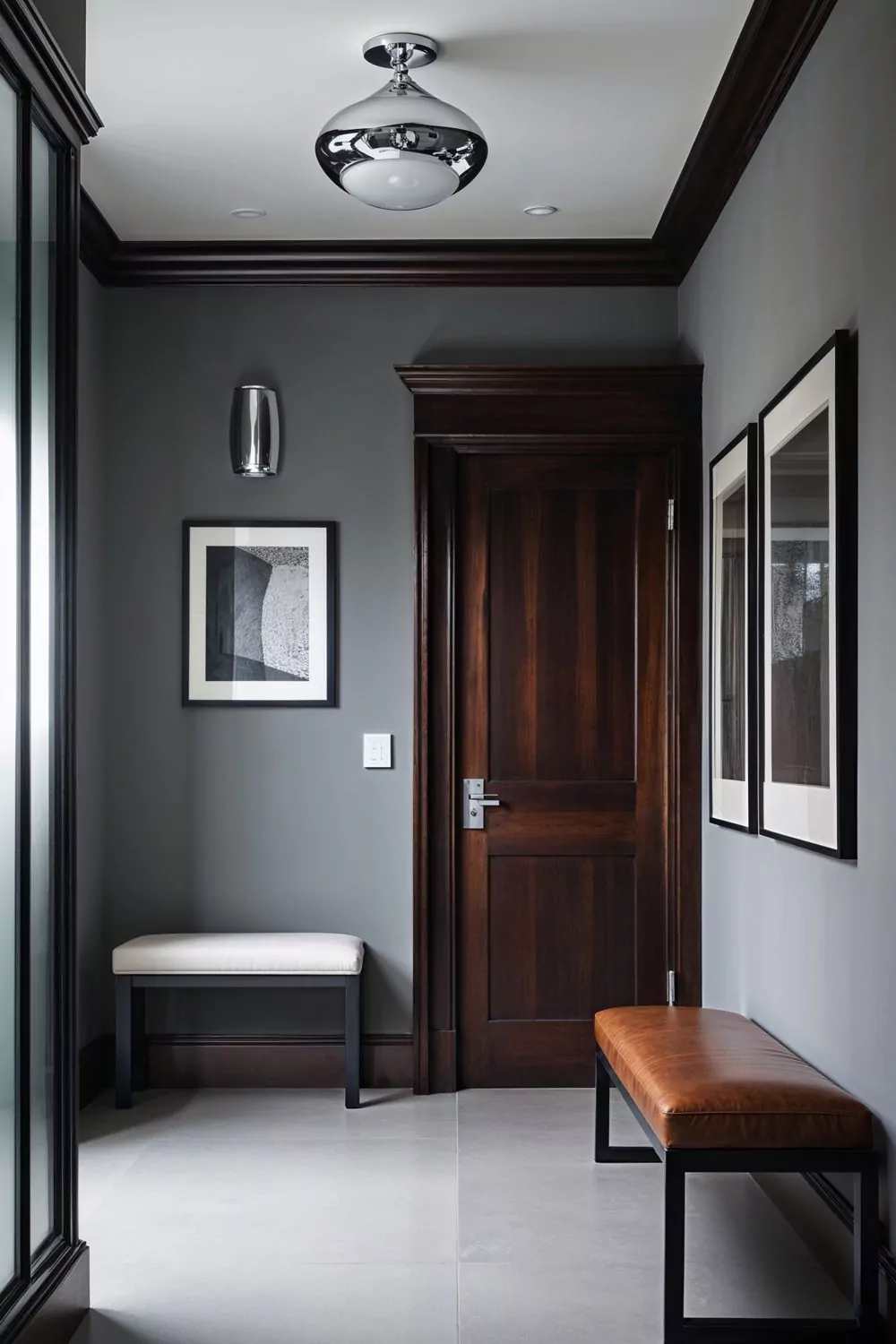 Filtered Gray Walls With Dark Wood Trim
