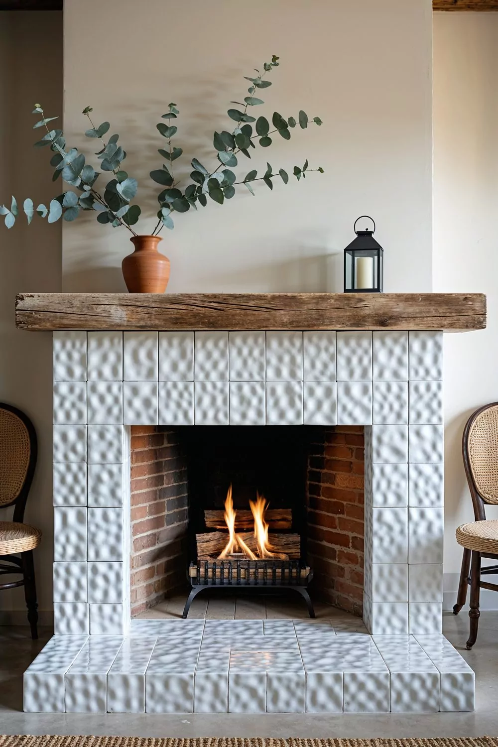 Glossy White Zellige Tile Fireplace With Rustic Wood Mantel