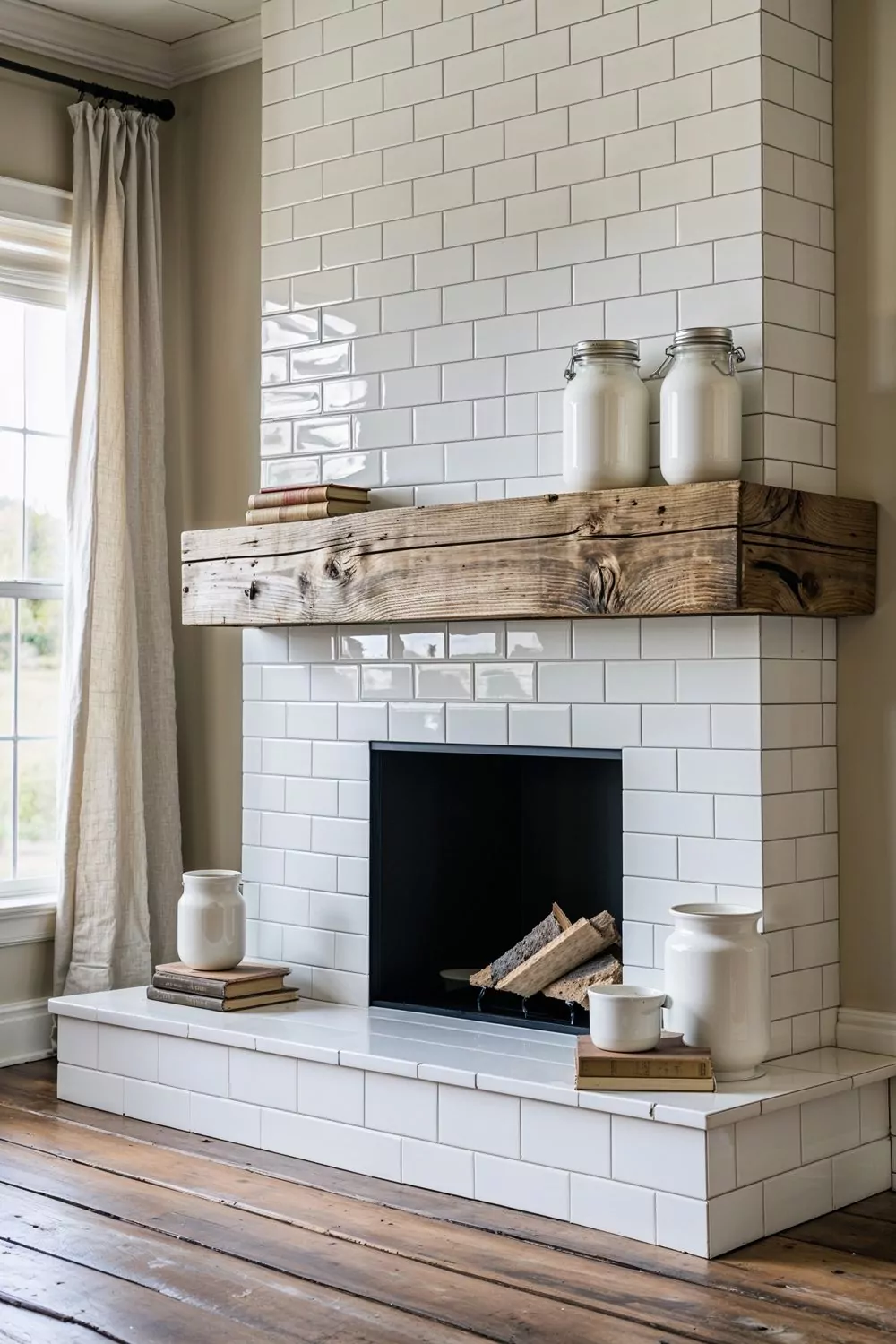 Glossy White Subway Tile Fireplace With Rustic Wood Mantel In Fa