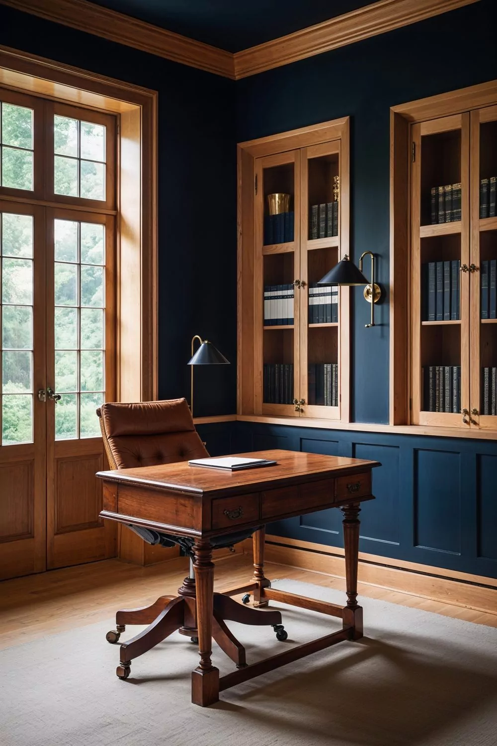 Navy Blue Walls With Maple Wood Trim In Office