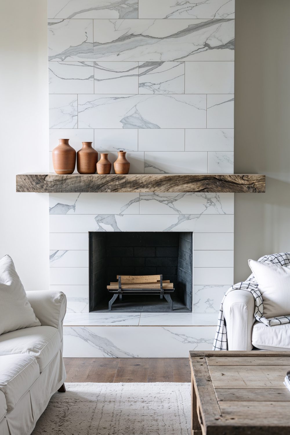 Porcelain Fireplace Tile With Marble Pattern In Modern Farmhouse