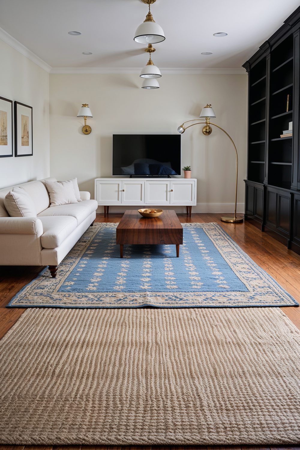 Rectangular Living Room With Rugs And Layered Lighting Defining
