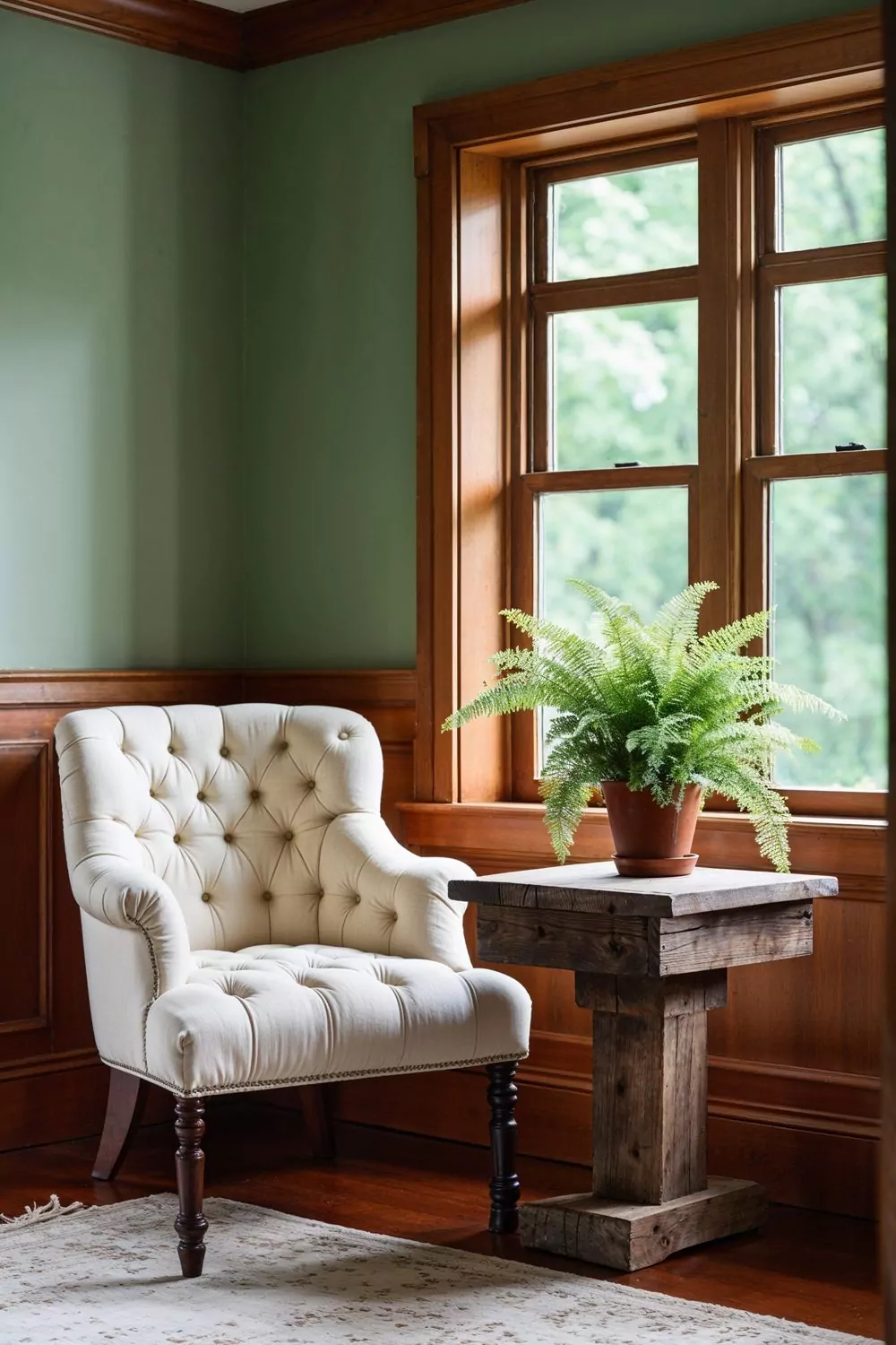 Sage Green Walls With Cherry Wood Trim