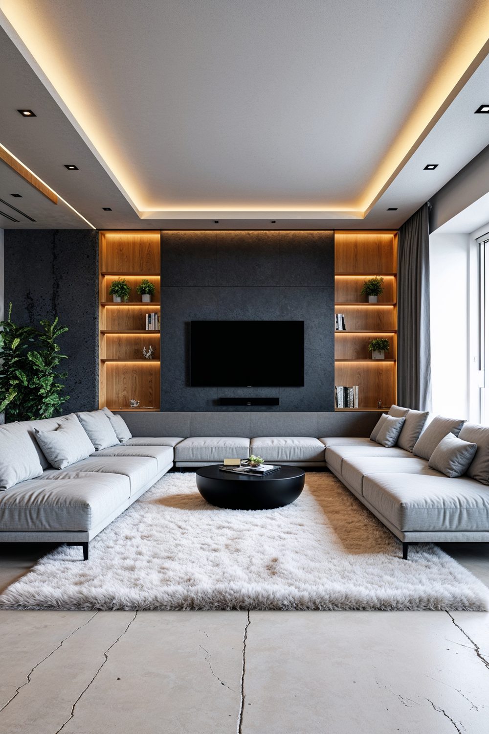Sofa Anchoring A Rectangular Living Room Layout With Wall Mounte