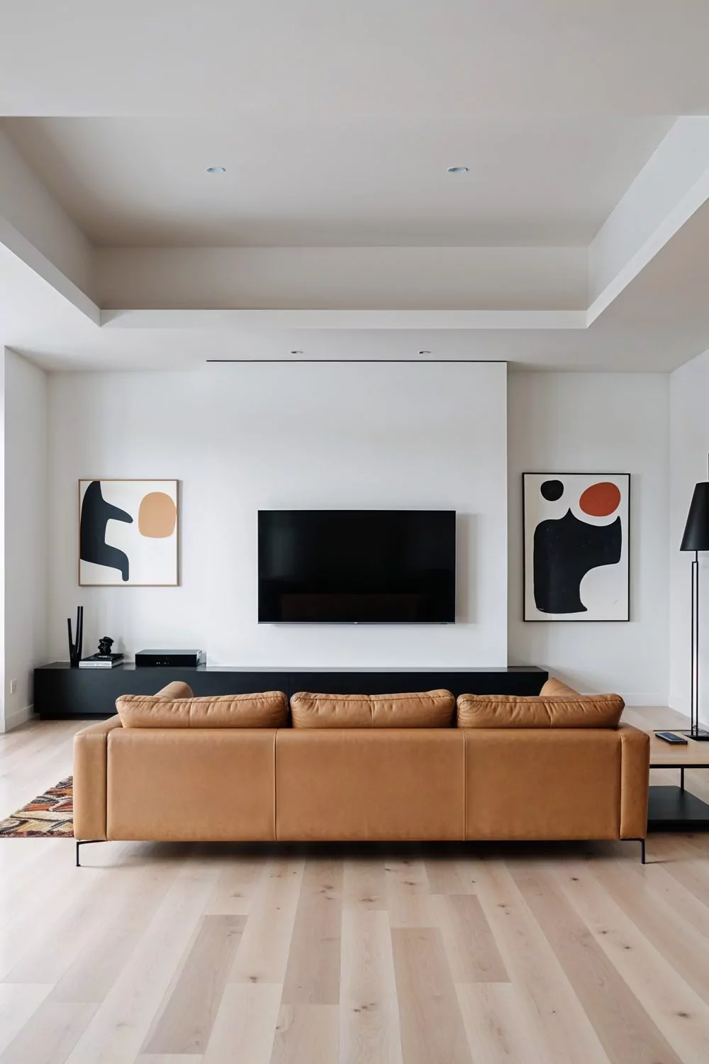 TV Wall Mounted Above Shelf In Spacious Rectangular Living Room