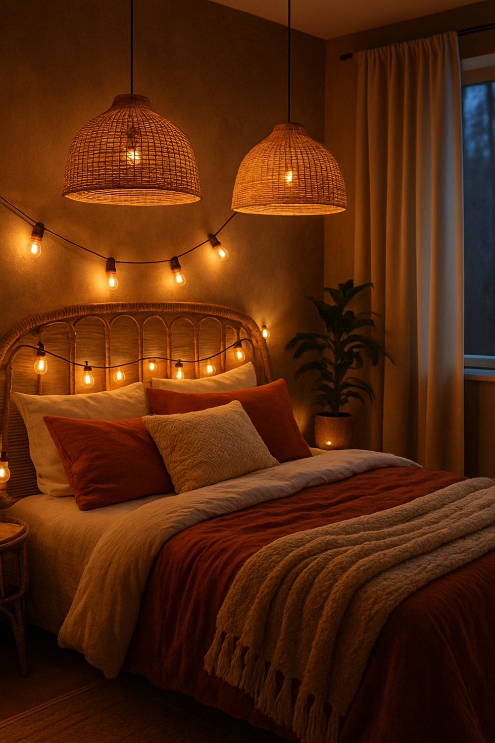 Boho Bedroom Lighting With Pendant And String Lights