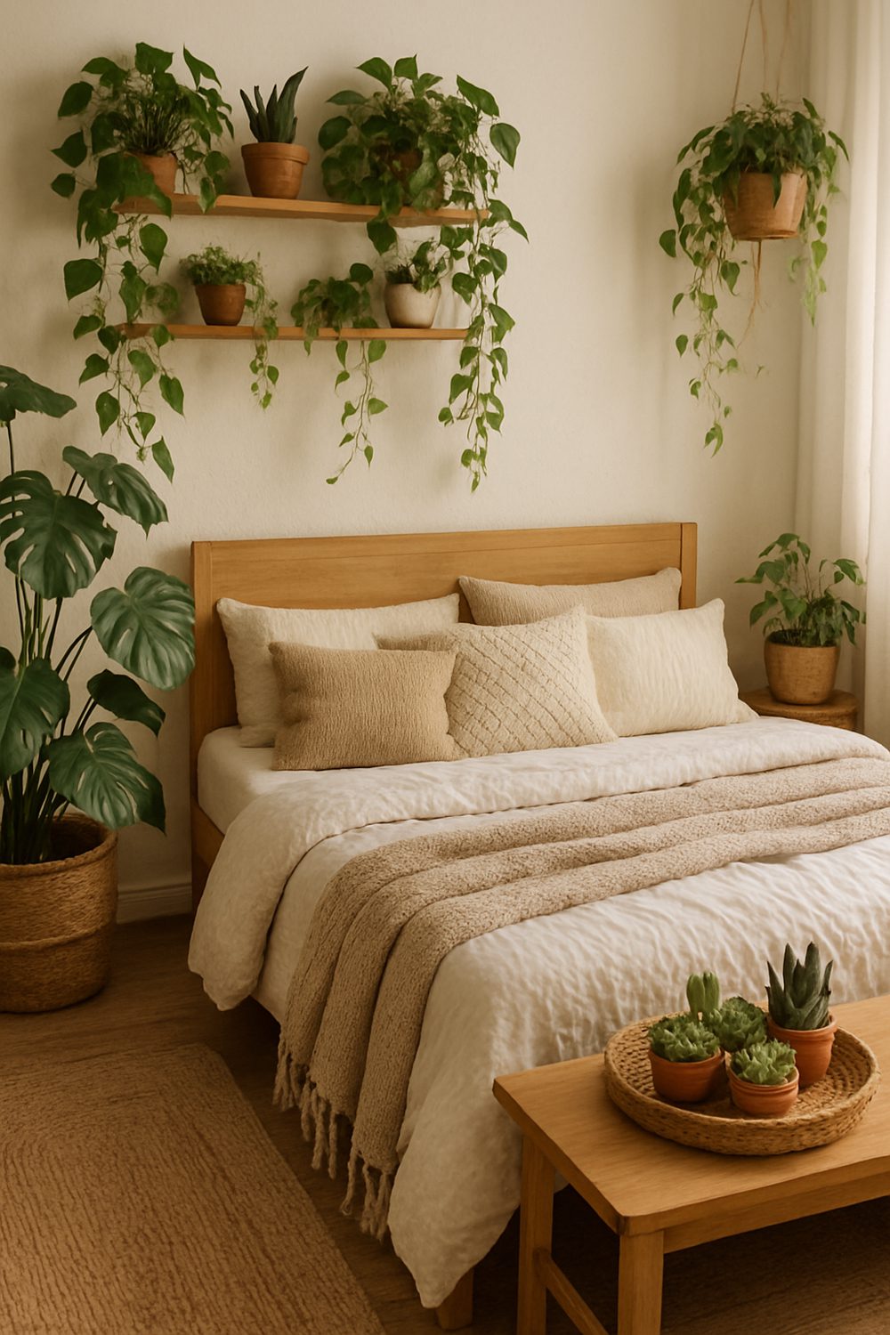 Boho Bedroom With Plants And Natural Accessories