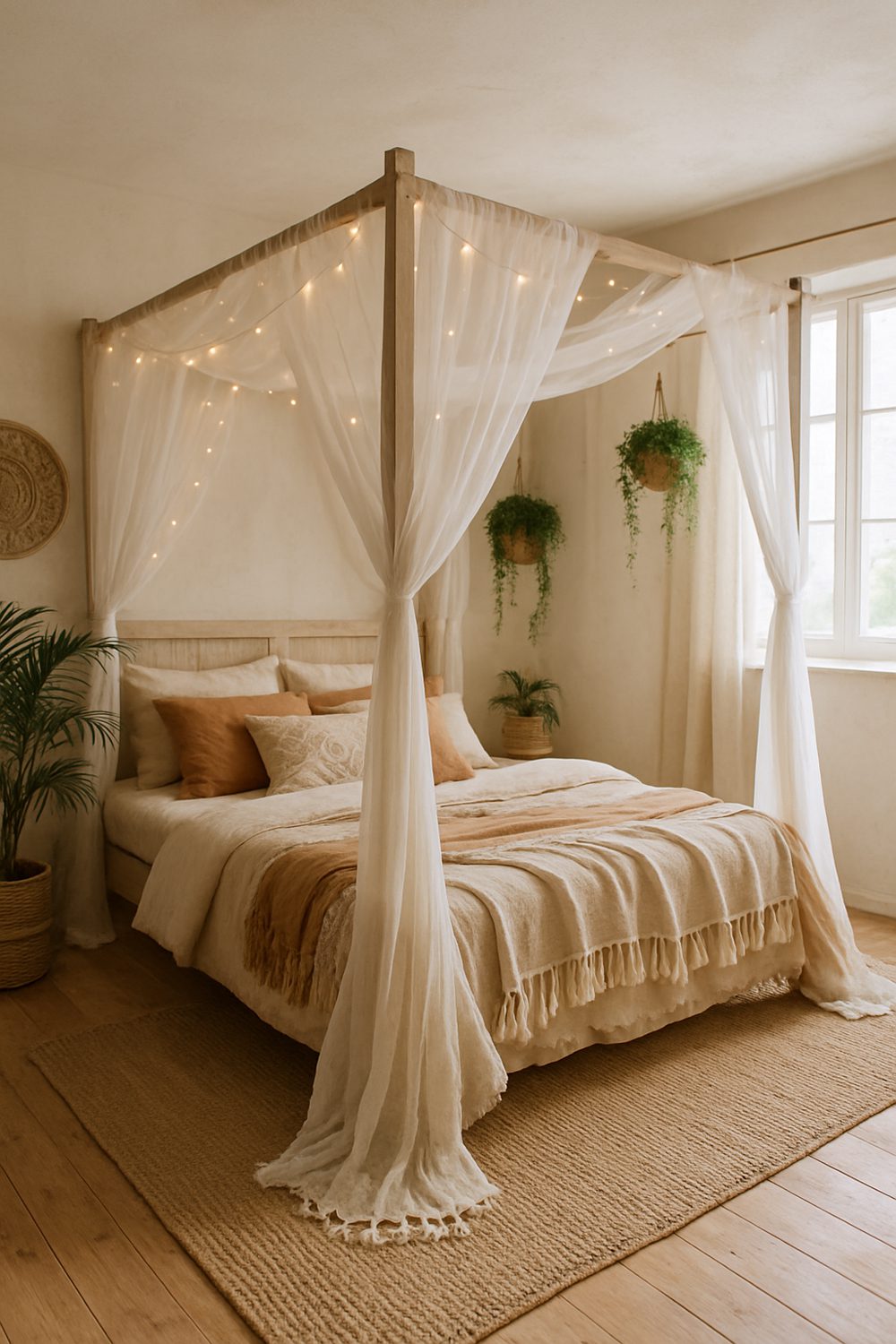 Boho Canopy Bed With Flowing Sheer Curtains