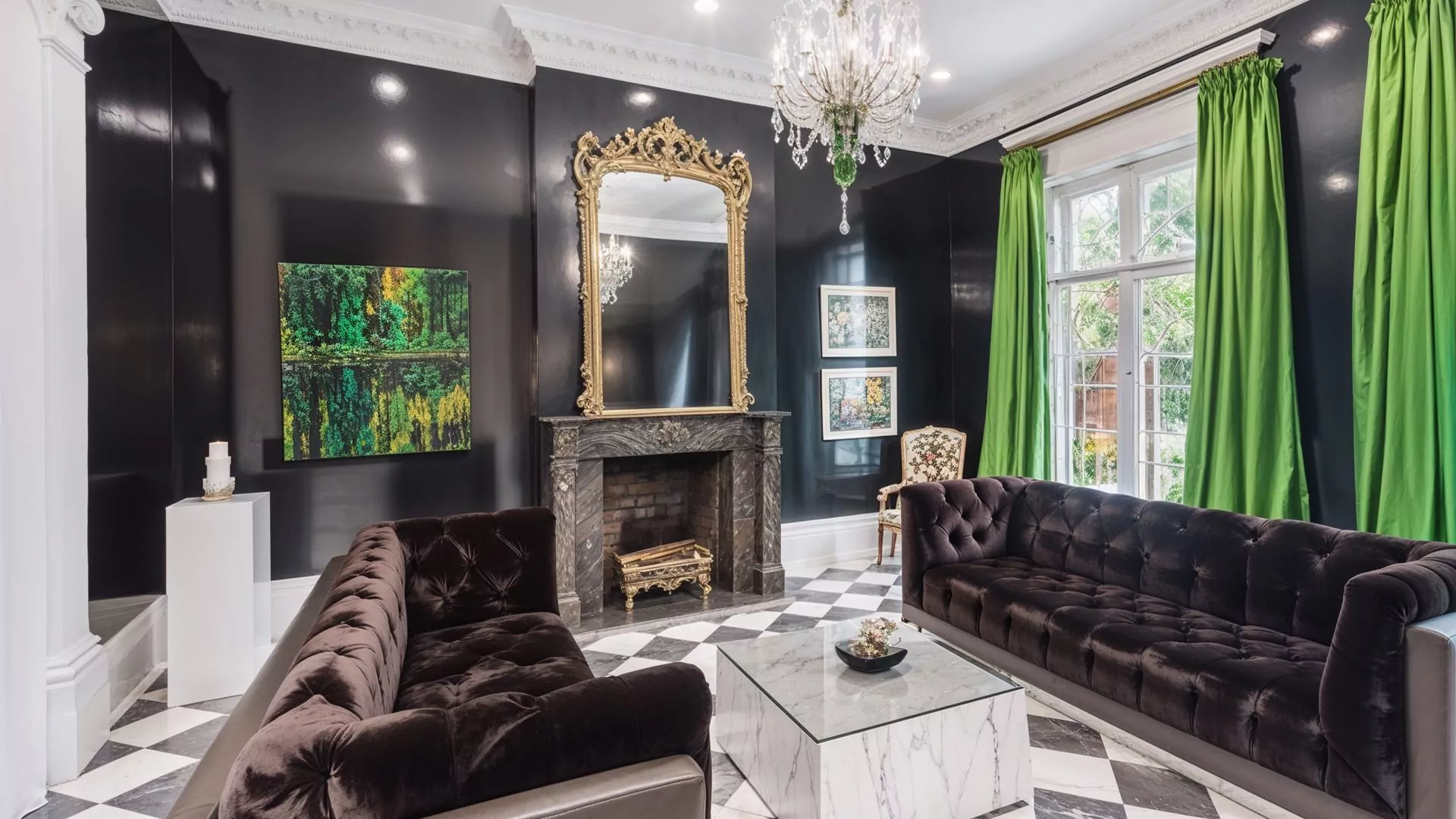 LaLaurie Mansion Living Room Black Walls Green Curtains New Orleans Interior