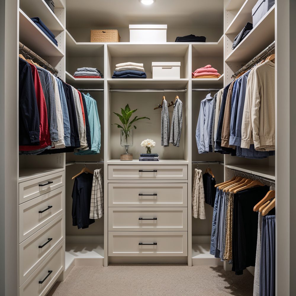 Closet before makeover - chaotic mess with clothes everywhere