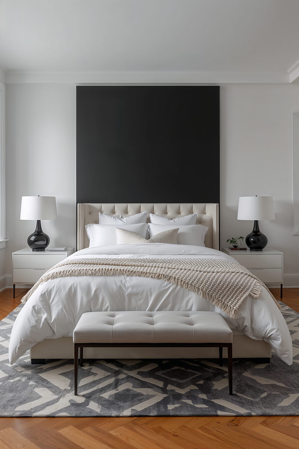 Black Accent Wall Bedroom With White Headboard