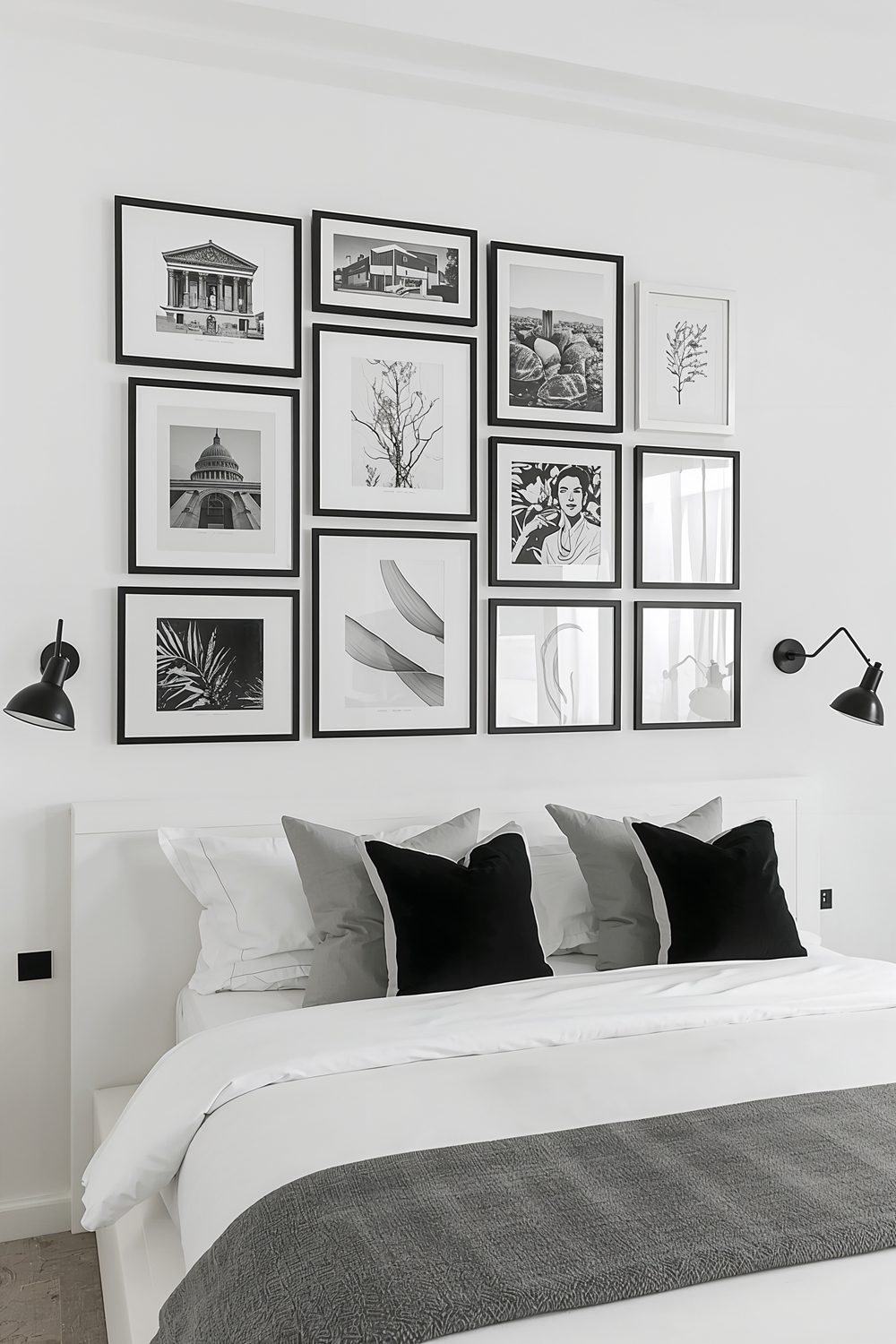Chic Black And White Gallery Wall Above Bed Ideas