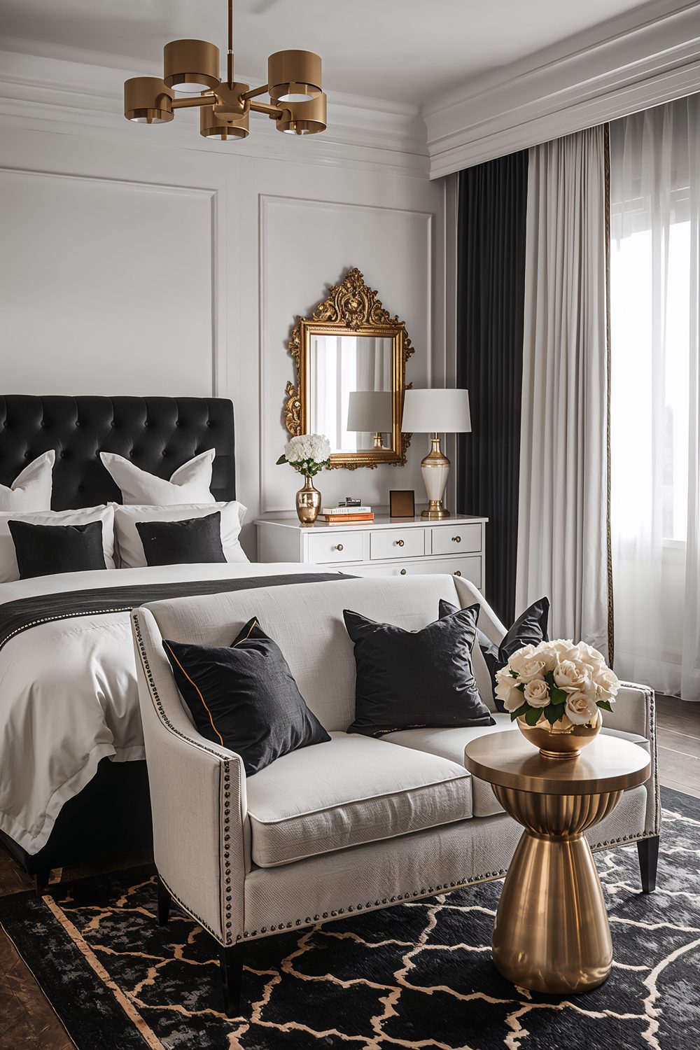 Elegant Black White Bedroom With Gold Metallic Accents