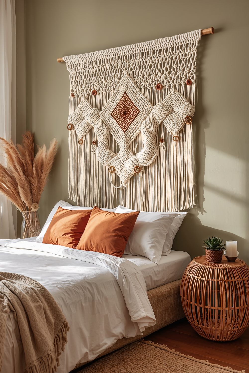 Large Macrame Wall Hanging Above Boho Bedroom Bed