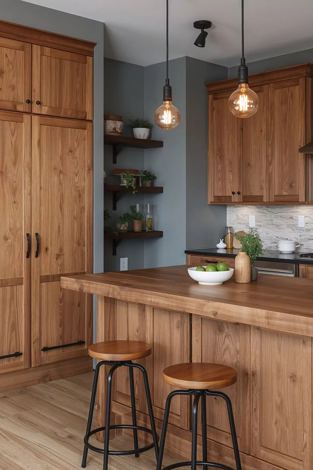 Natural Wood Kitchen Cabinets Gray Walls Warmth
