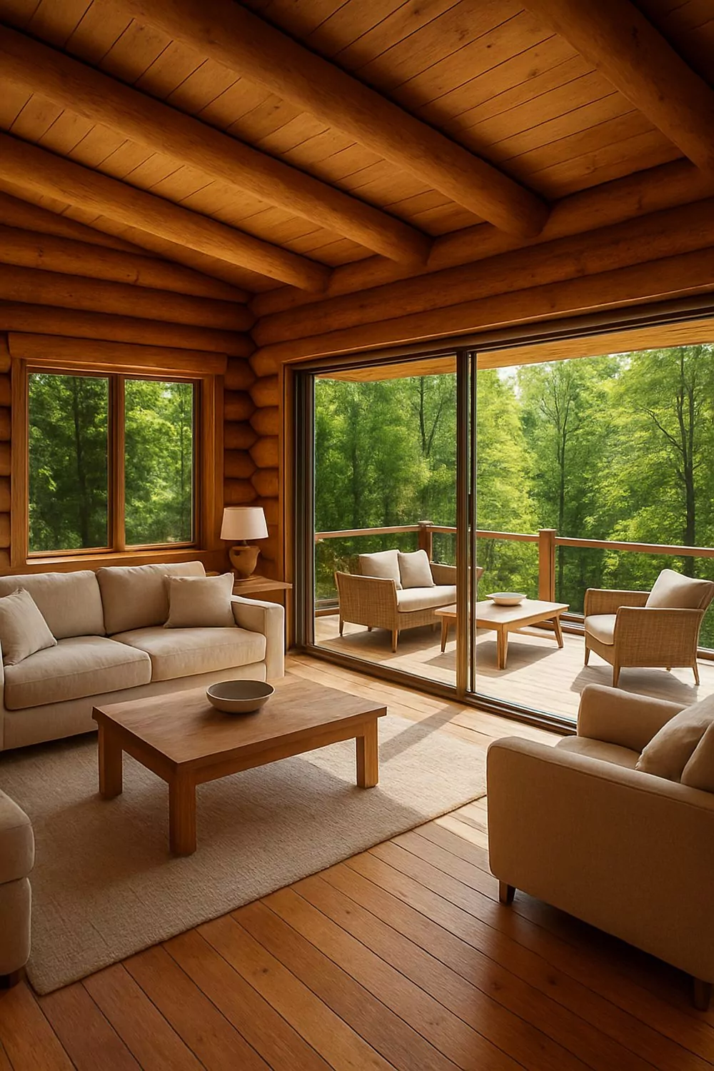 Outdoor Indoor Living Integration In Log Cabin