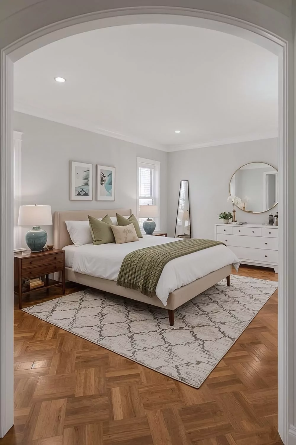 Single Nightstand Asymmetrical Small Bedroom Layout