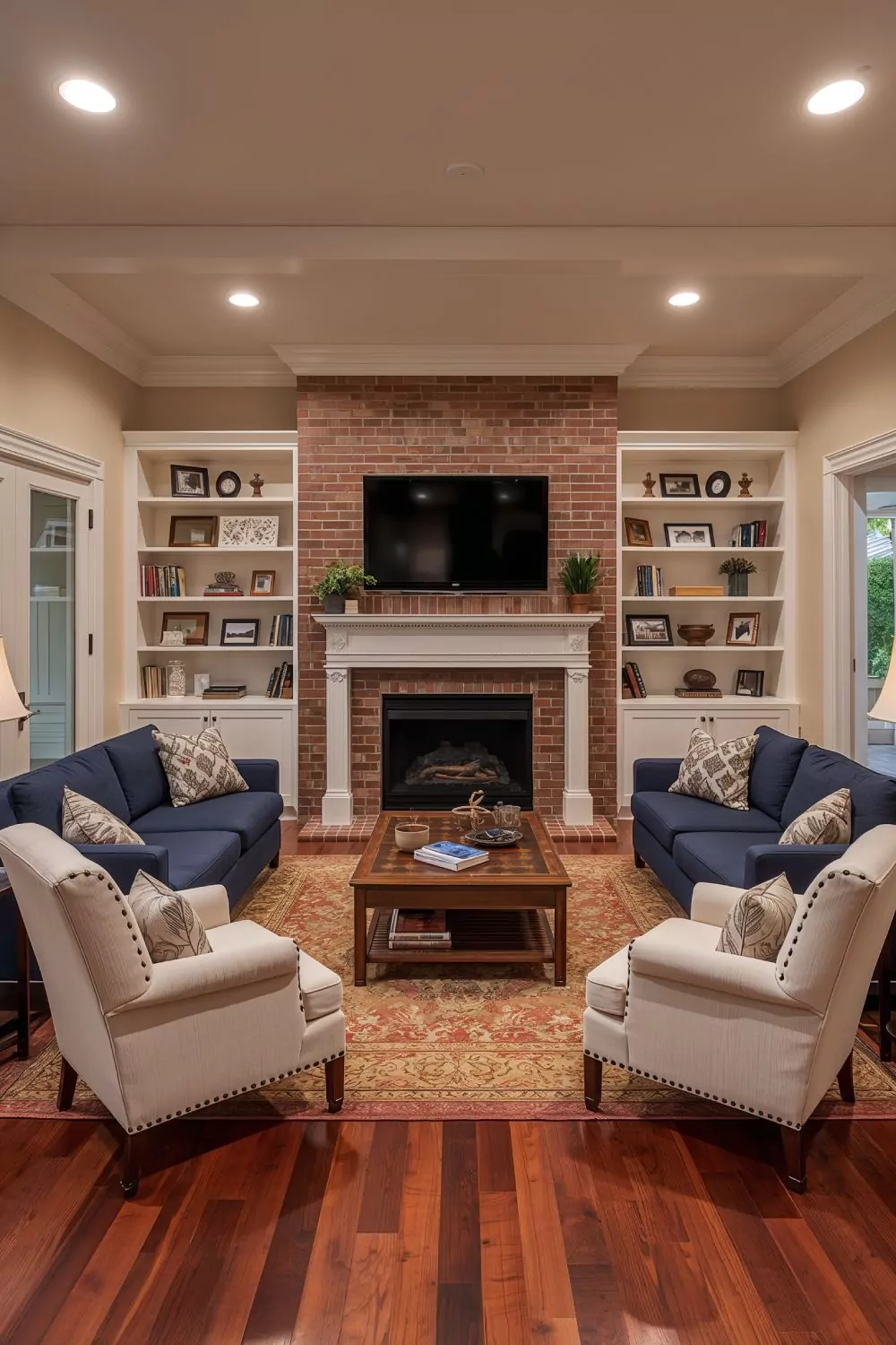 TV Above Fireplace With Balanced Seating In Square Living Room