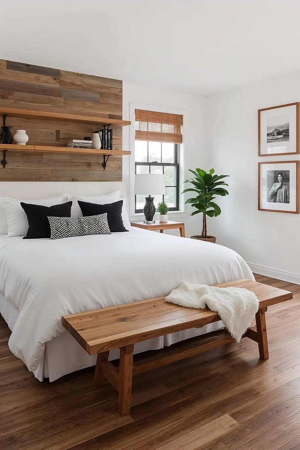 Warm Black White Bedroom With Natural Wood Accents