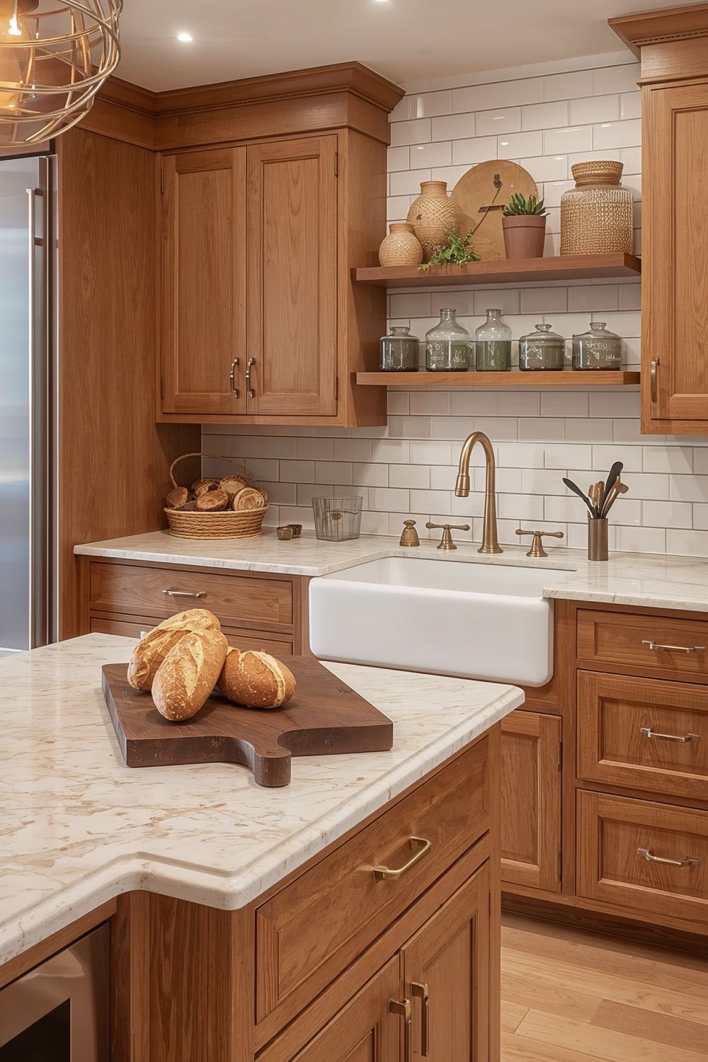 Beige Quartz Countertops For Oak Cabinet Kitchens