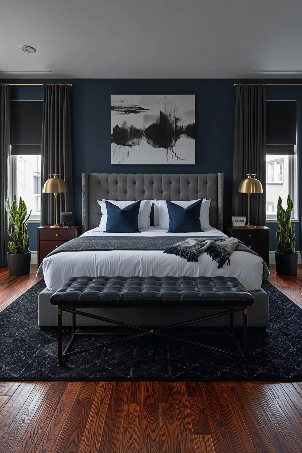 Dark Navy And Charcoal Men's Bedroom Color Scheme Ideas